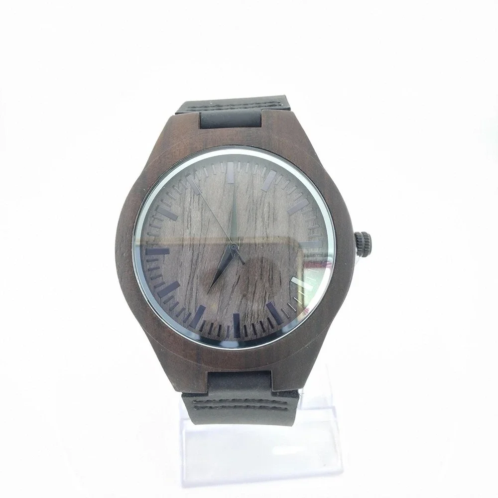 Men's Minimalist Wood Watch Engraved Sandalwood Black Leather Strap 8.5